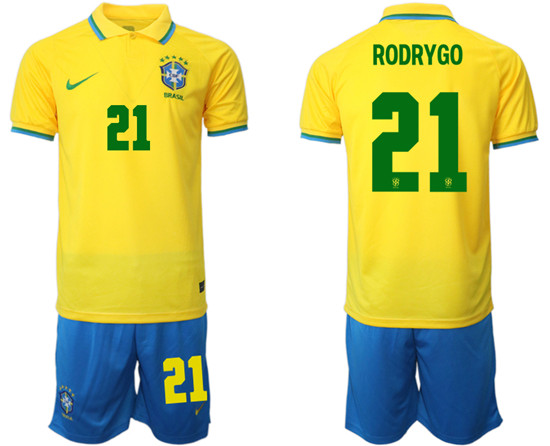 Men's Brazil #21 Rodrygo Yellow Home Soccer Jersey Suit